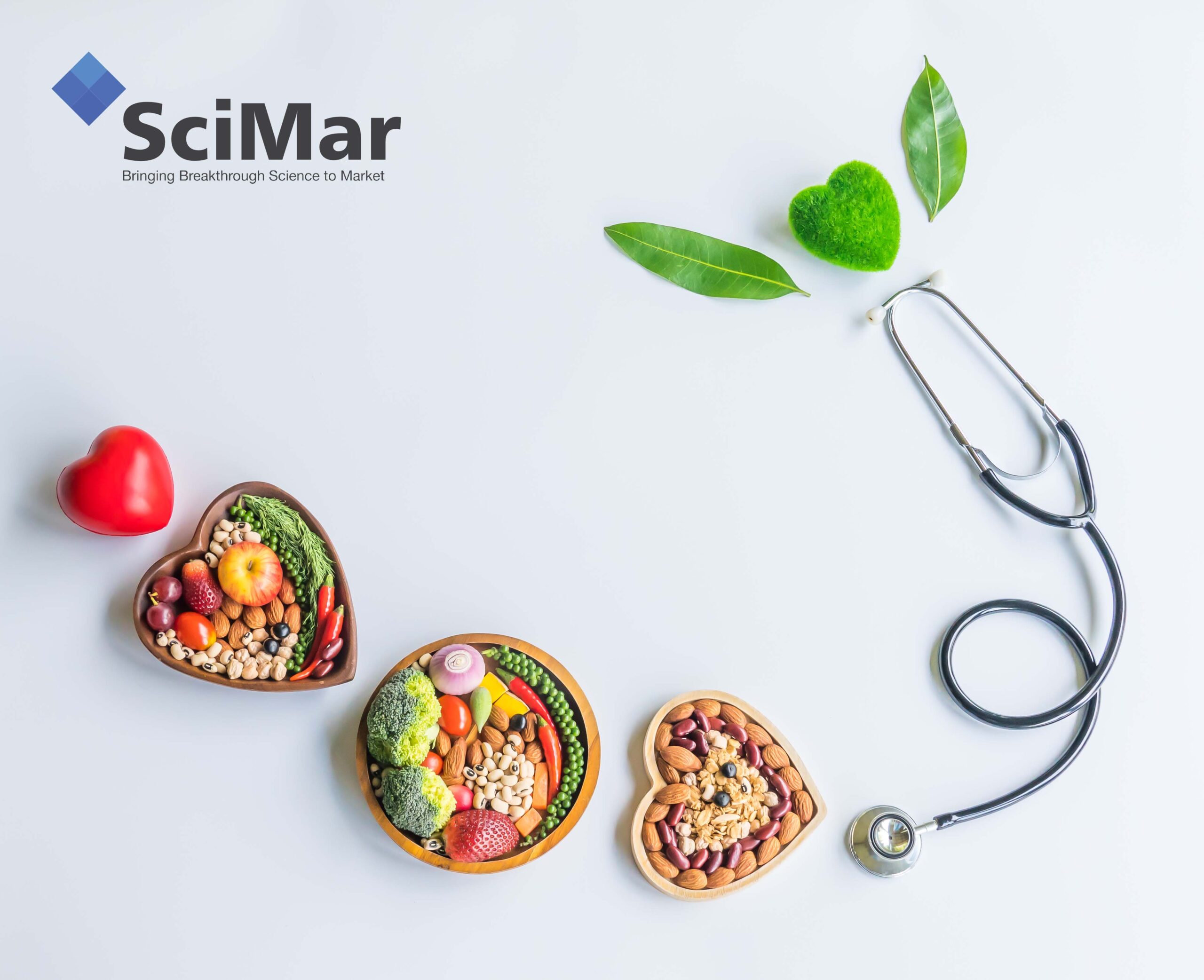 Photograph of the SciMar logo and some heart healthy elements