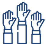 Line-art icon illustrating three hands raised in the air