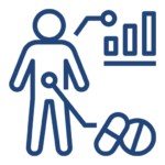 Line-art icon illustrating a person with a line towards a chart, and a line towards some tablets