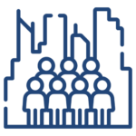Line-art icon illustrating a group of seven people in front of a city-scape