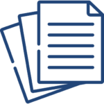 Line-art icon illustrating 3 pages of paper with copy on it, fanned out