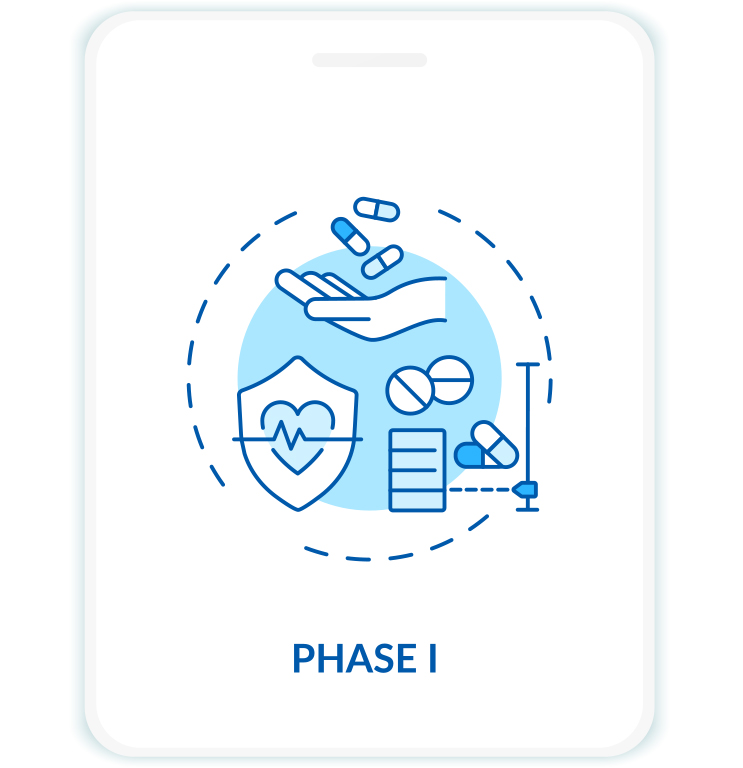 illustrated icon of heart monitors, tablets and capsules with "PHASE 1" title