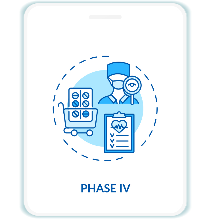 Illustrated icon showing a cart with tablets in it, as well as a checklist and medical professional with "Phase 4" in the title